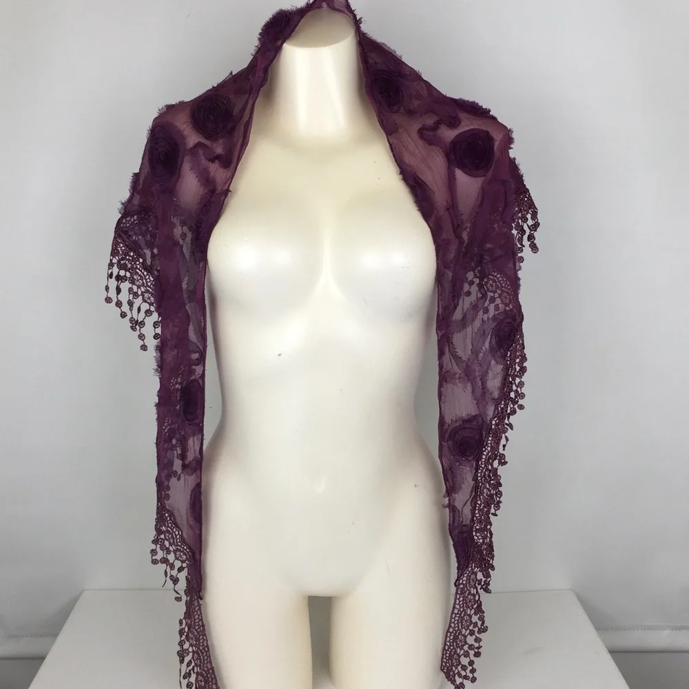 Victorian Chiffon Triangle Shawl Scarf Purple Floral Crochet Fringe Trim Sheer